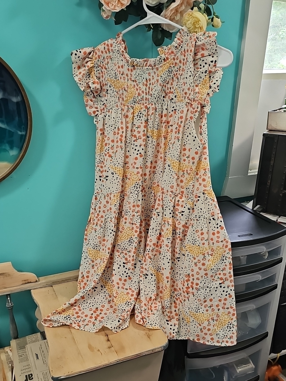 Moodie Cream Dress with Coral & Green Floral Print SIZE M with Pockets-lined